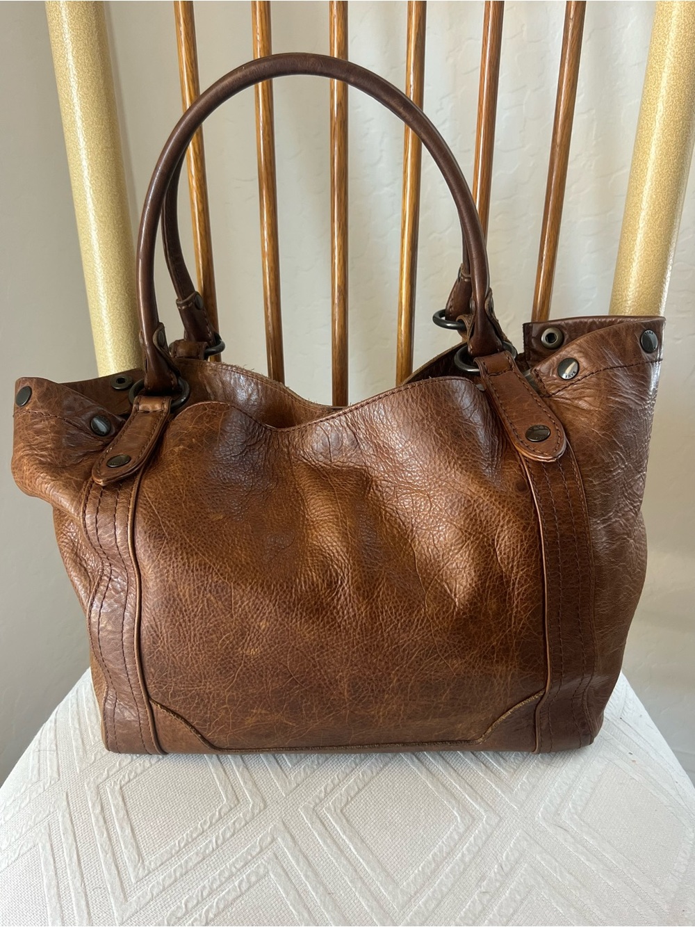 FRYE Melissa Cognac Shoulder Bag | Vintage Classic Striped Lining